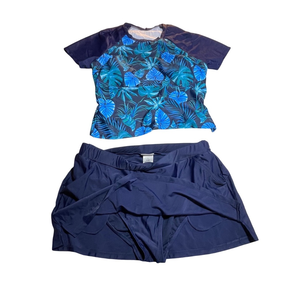 Sigrid Olsen Womens Blue Tropical Rash Guard and Swim Skirt Set Size L and 1 xl